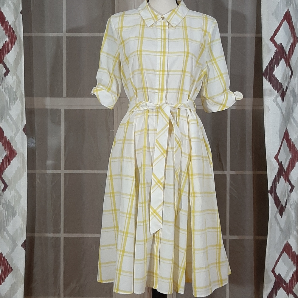 Calvin Klein | Plaid Yellow Print Waist Tie Dress w/
Pockets | NWOT